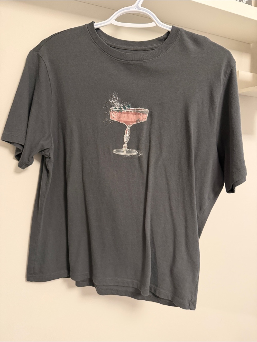Abercrombie Graphic T-Shirt with Pink Cocktail Print - Charcoal